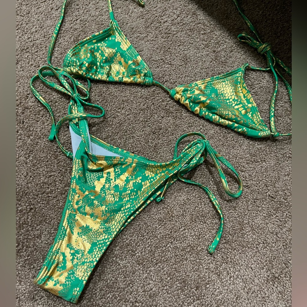 Green and gold snake print two piece bikini